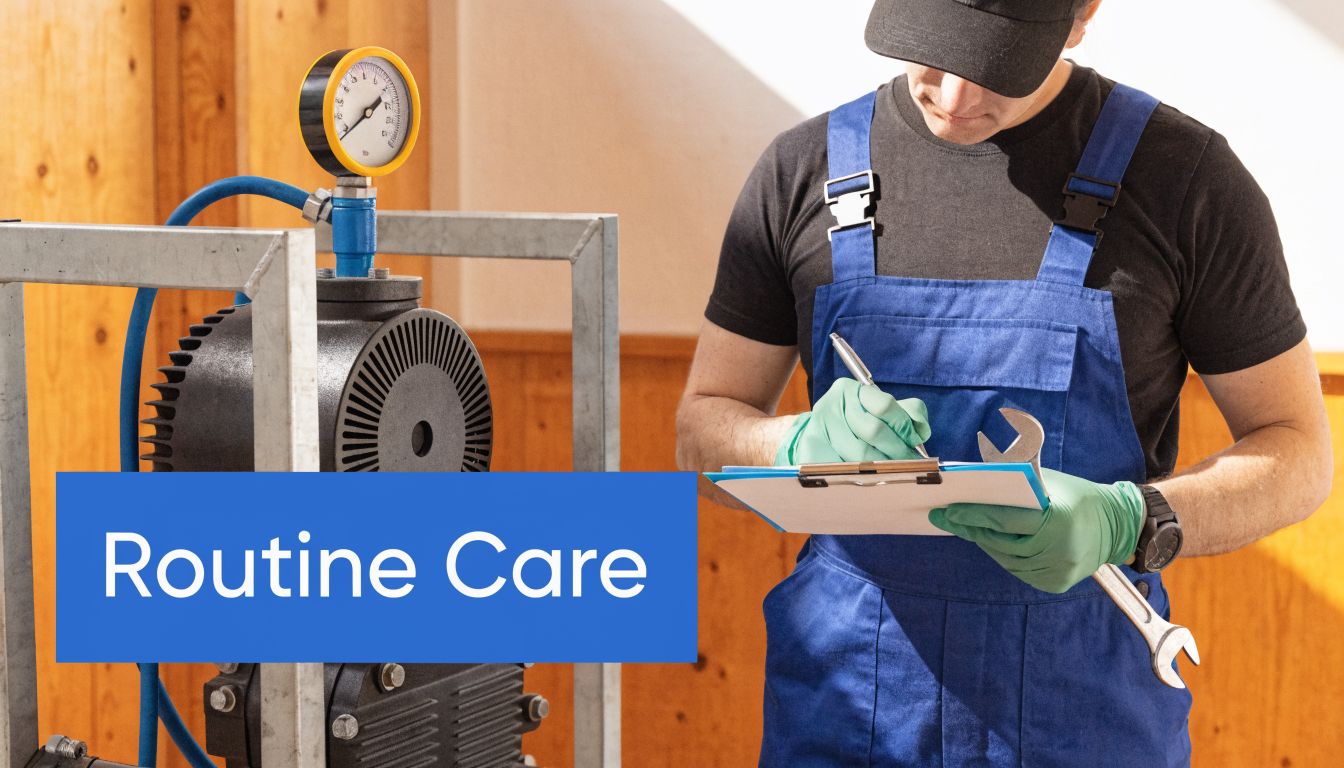 A maintenance technician in blue coveralls and gloves recording data on a clipboard beside a hydraulic pump.