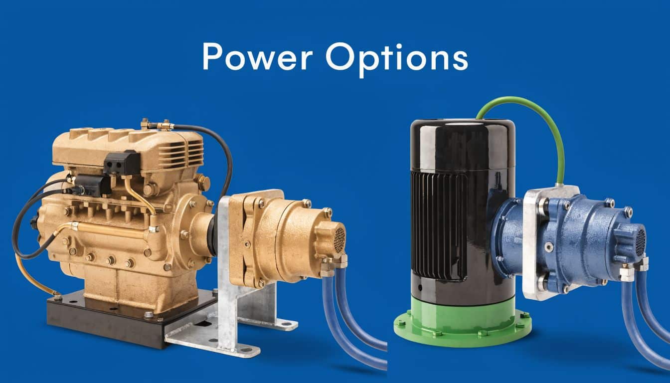 A side-by-side comparison of a diesel engine powered pump and an electric motor powered hydraulic pump.