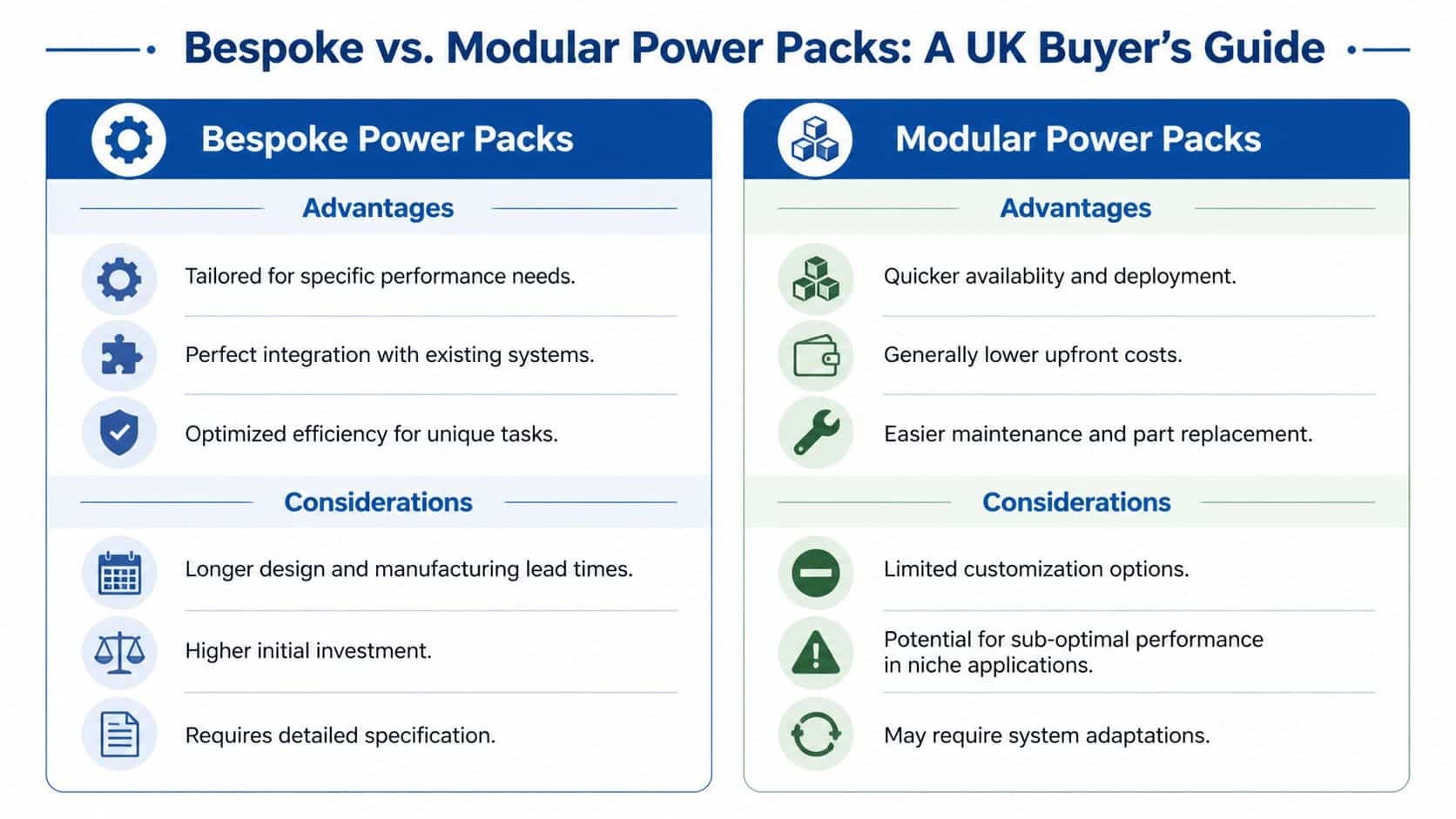 A comparison chart outlining the pros and cons of bespoke versus modular hydraulic power packs for buyers.