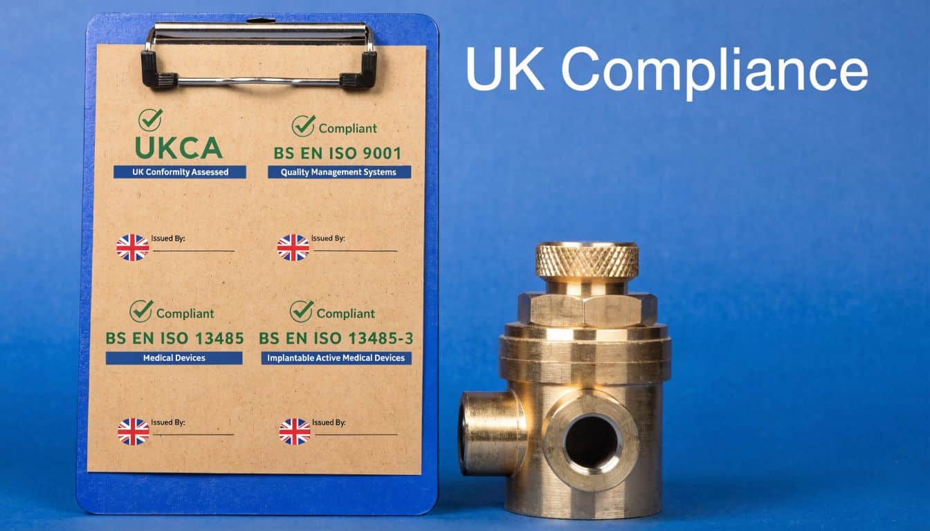 A clipboard displays UK compliance certifications alongside a brass mechanical valve on a solid blue background.