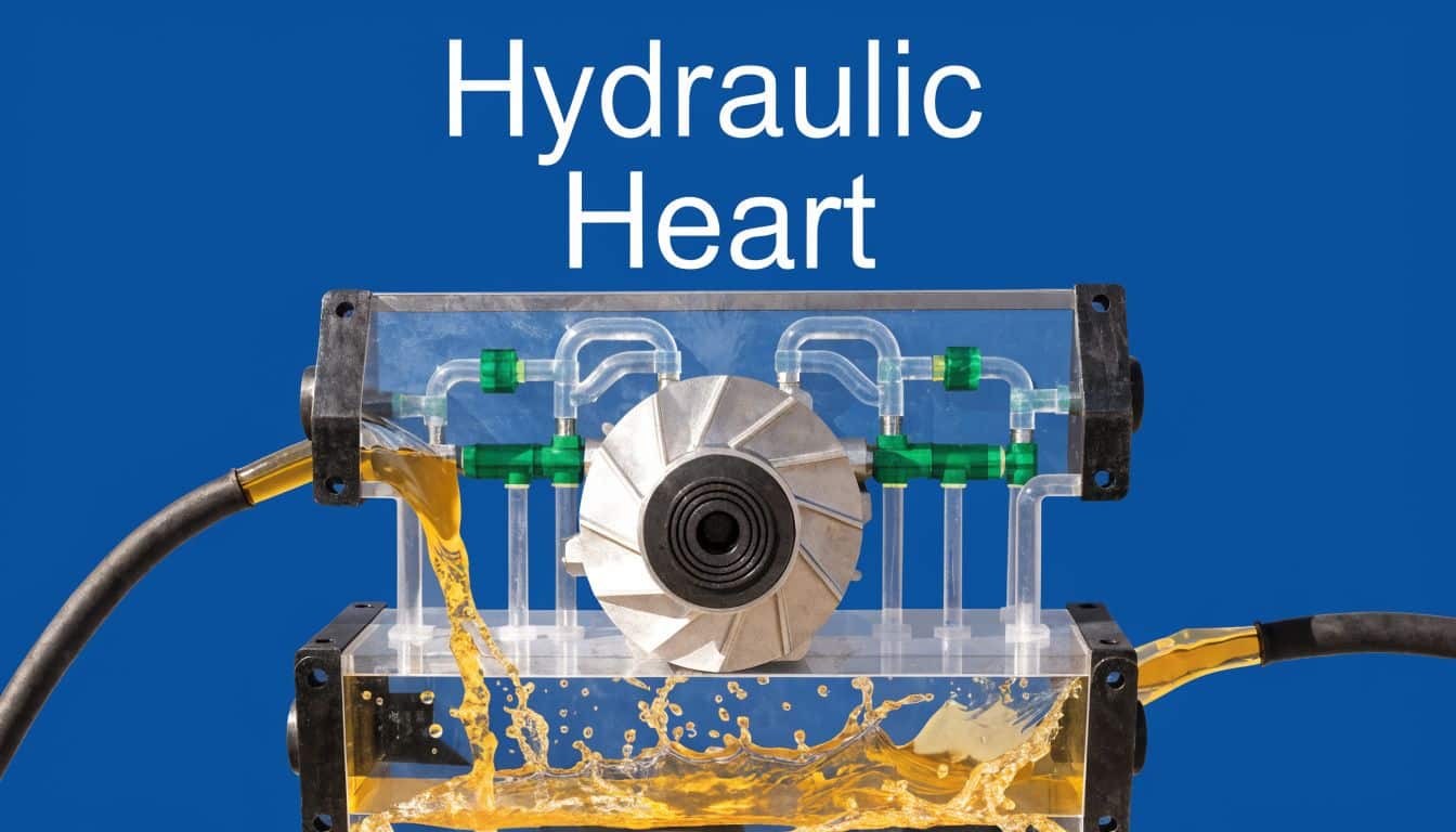 A clear plastic hydraulic system demonstration model with yellow fluid pumping in a blue background studio.