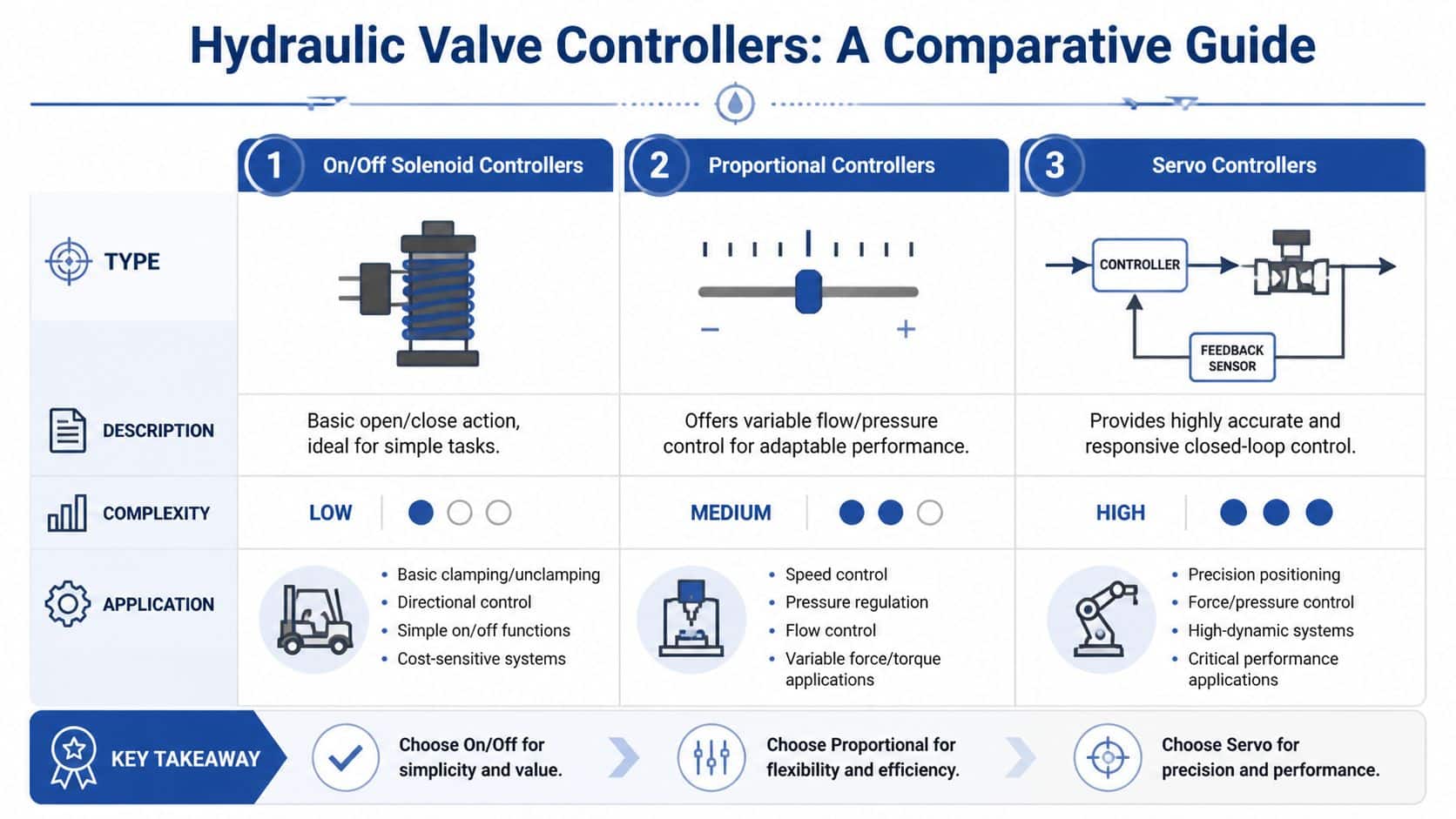 A comparative guide infographic detailing the differences between on/off solenoid, proportional, and servo hydraulic valve controllers.