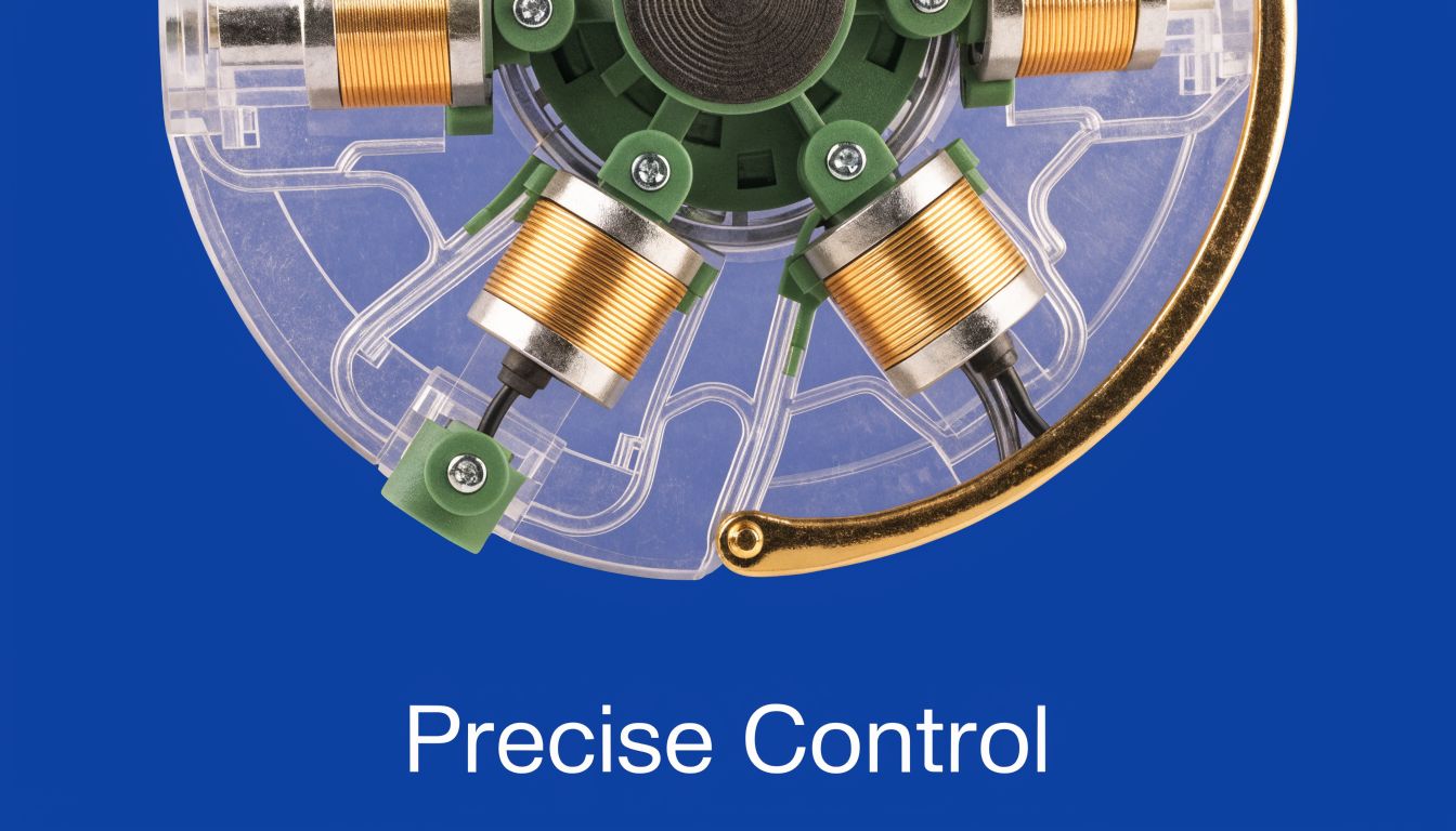 A close-up view of a high-tech electromagnetic component for a hydraulic valve controller on blue.