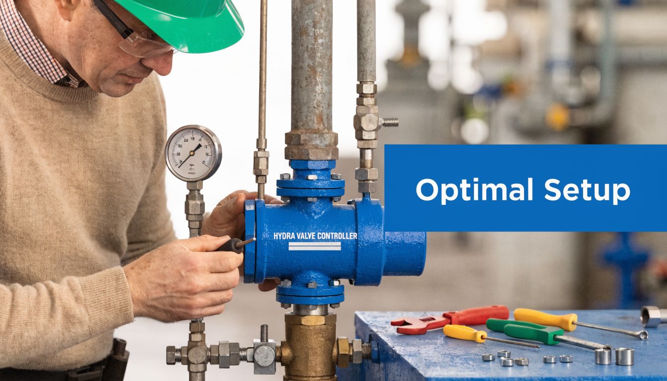 A technician wearing a hard hat performs maintenance on a blue industrial hydraulic valve controller unit.