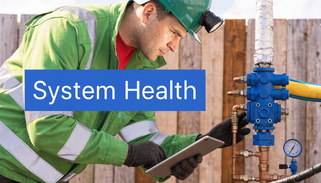 A technician wearing a hard hat and protective clothing checking a hydraulic valve controller with a tablet.