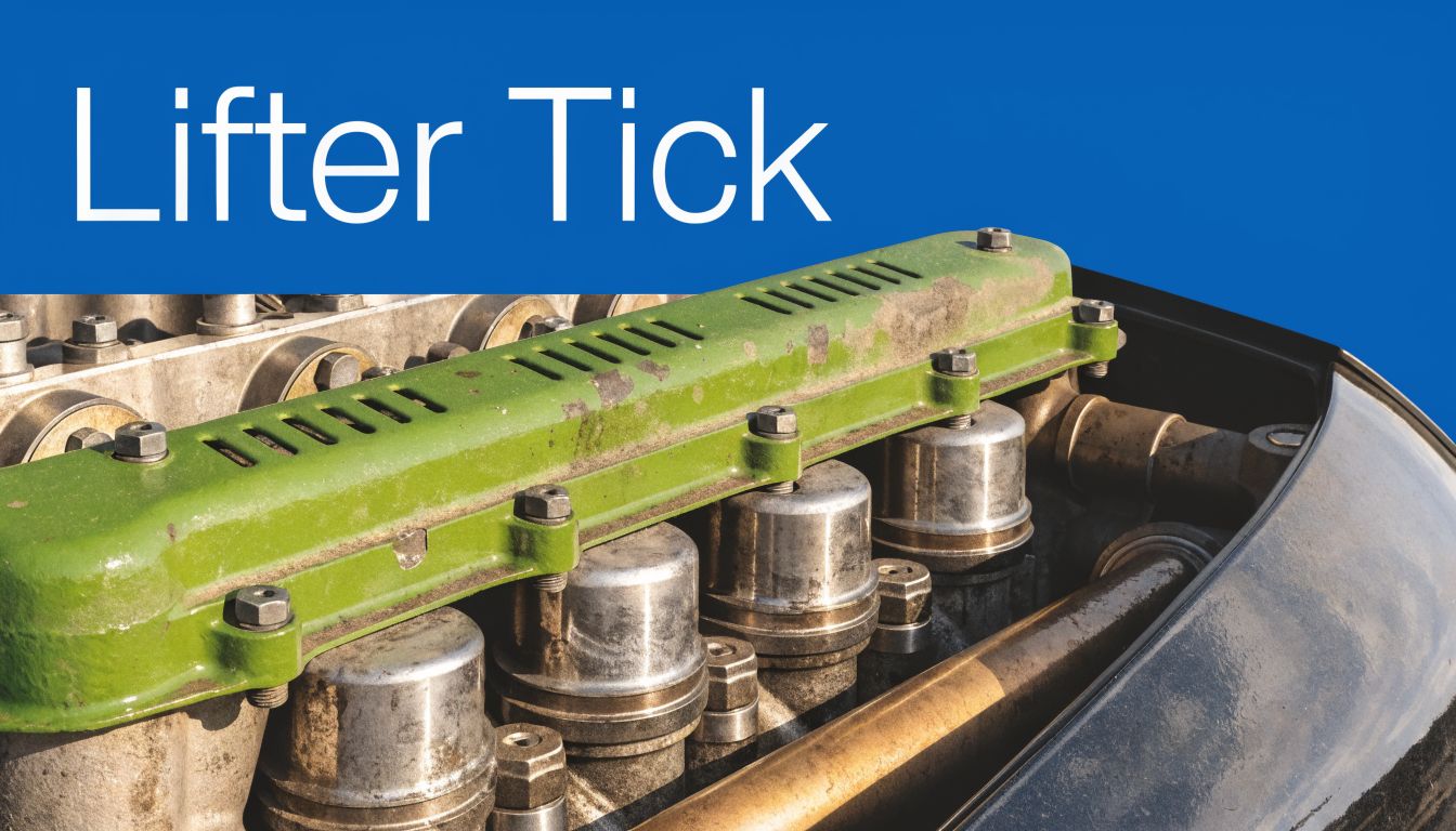 Close-up of a vintage green engine block component with chrome valve covers, labeled Lifter Tick.