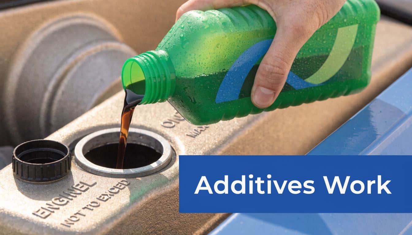 A person pouring dark engine oil additive from a green plastic bottle into a car engine.