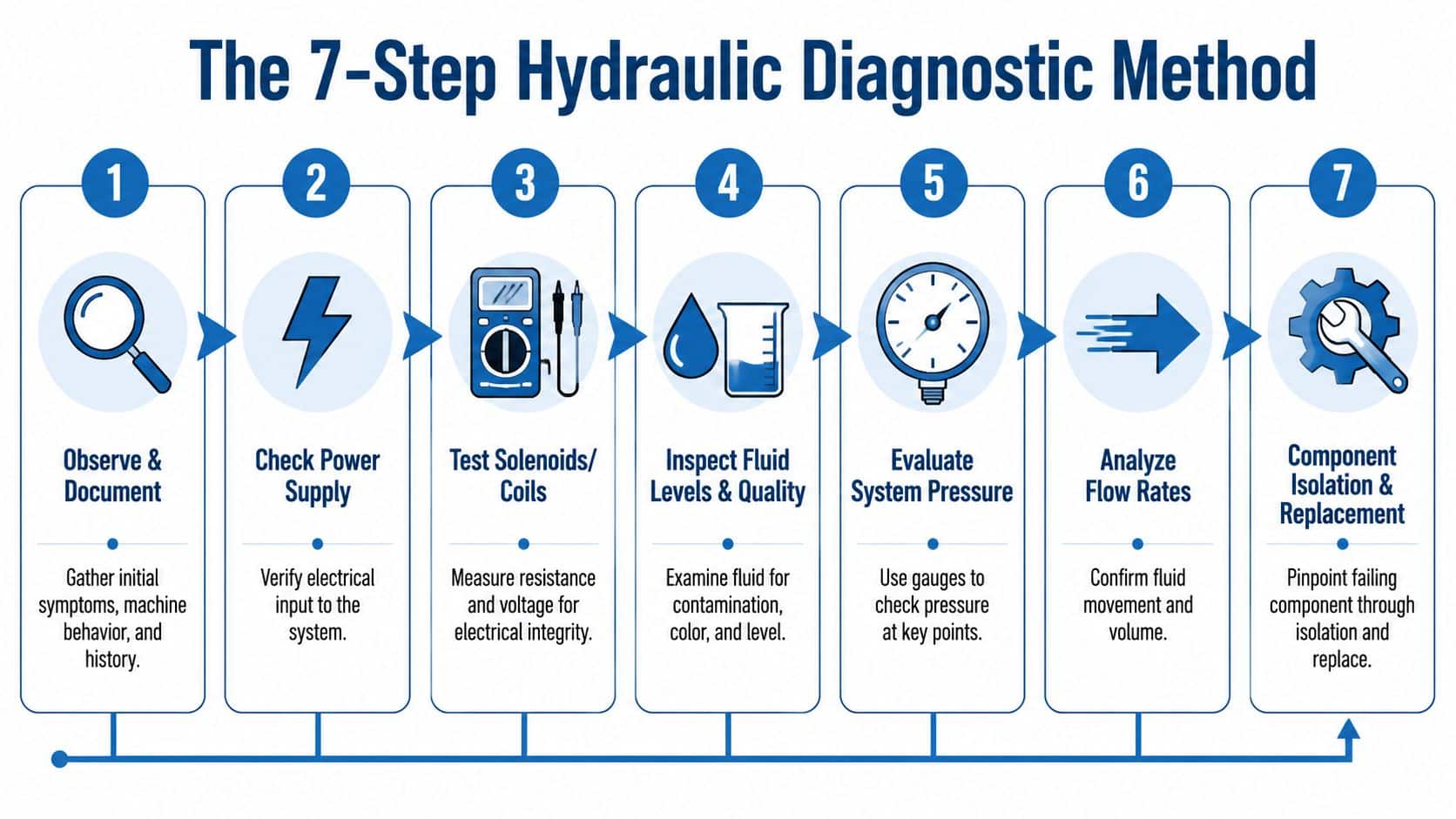 A diagram outlining the seven logical steps for diagnosing and troubleshooting hydraulic system problems and mechanical failures.