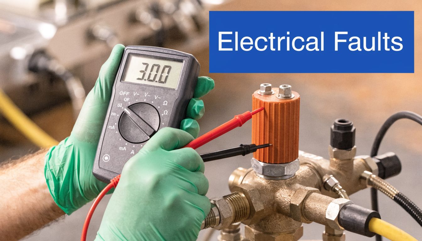 A technician wearing green gloves uses a multimeter to test an industrial hydraulic valve for electrical faults.