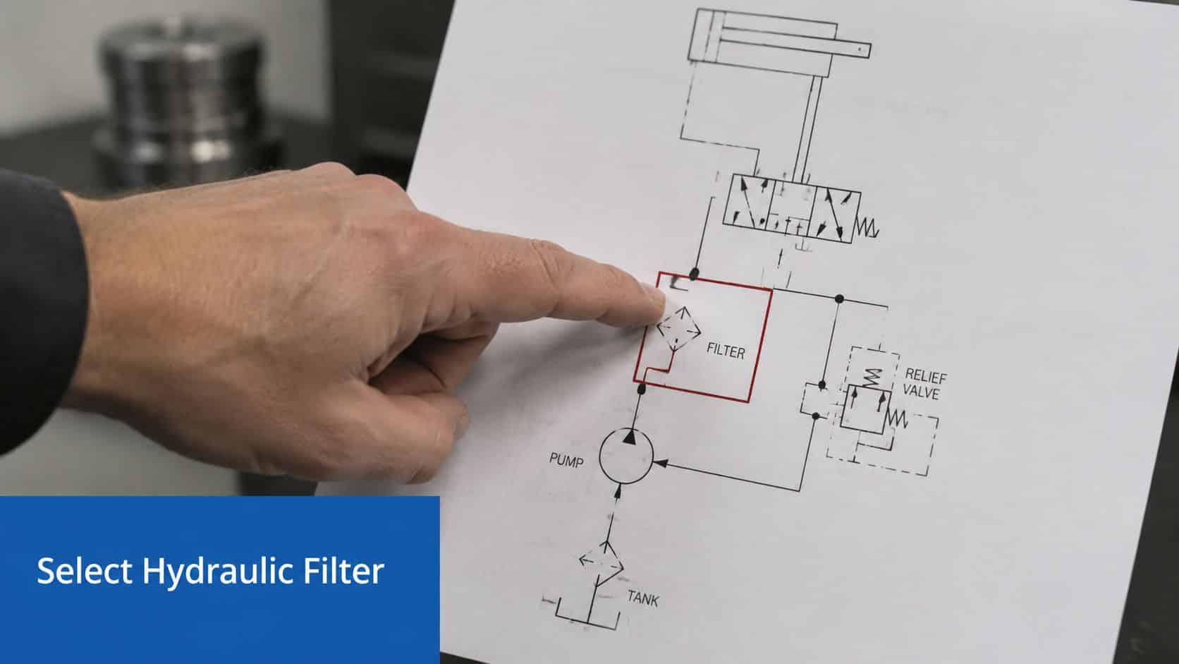 A hand pointing to a hydraulic filter symbol on a technical diagram of a hydraulic circuit system.