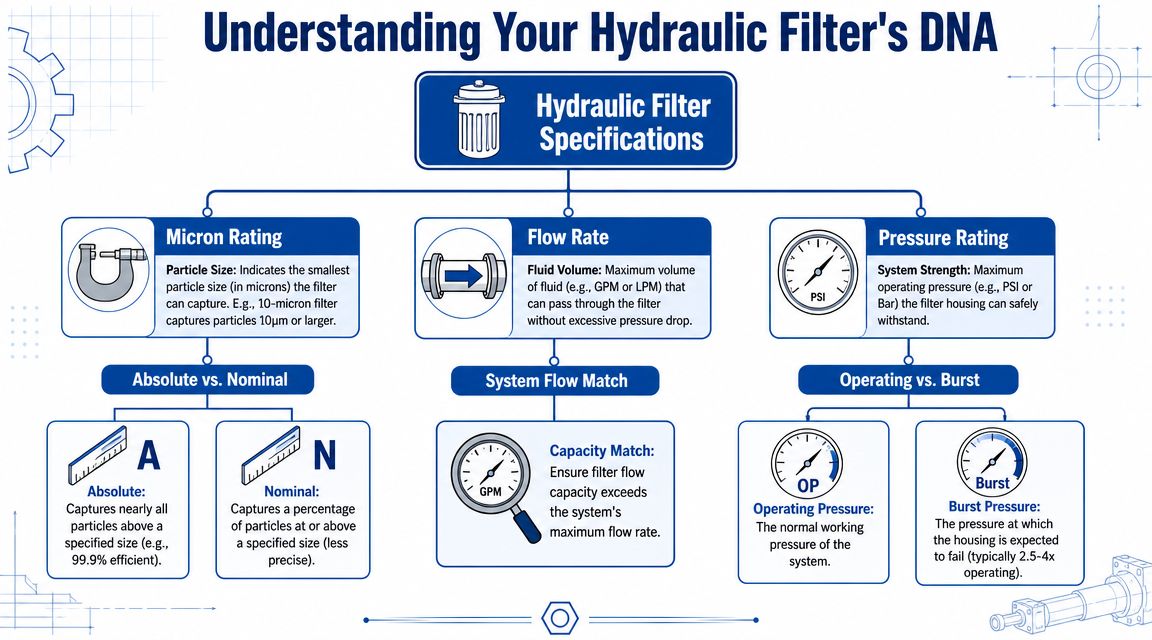 A flowchart explaining key technical specifications of hydraulic filters including micron ratings, flow rates, and pressure ratings.