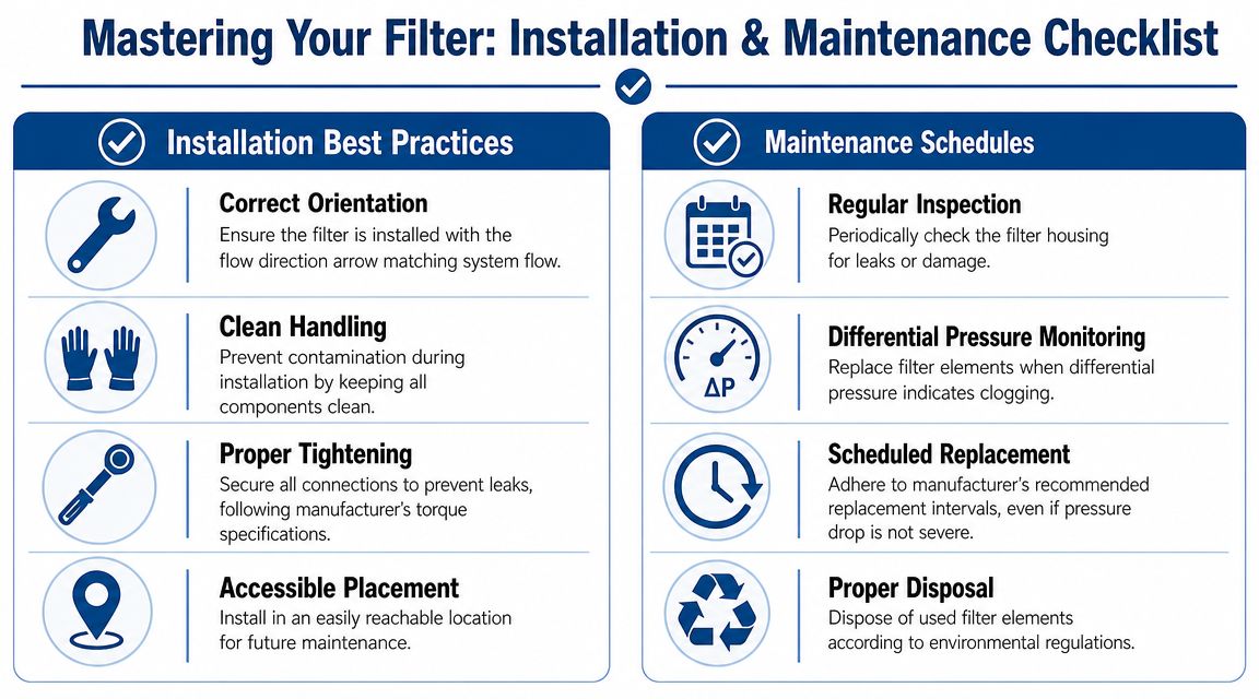 An infographic titled Mastering Your Filter highlighting best practices for installing and maintaining industrial filtration systems.