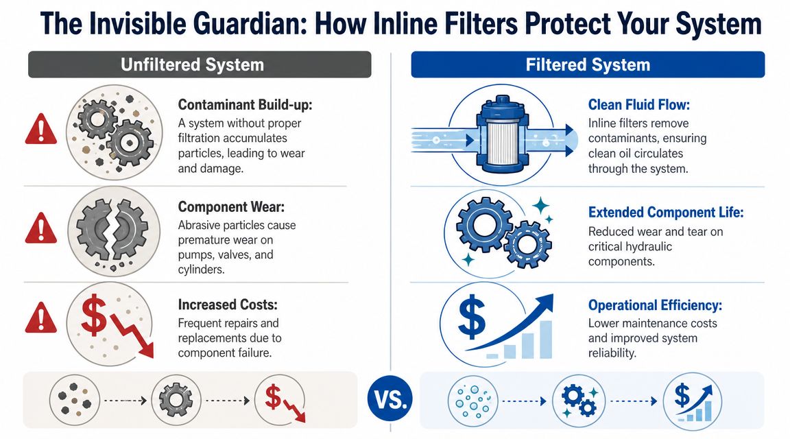 A comparison infographic showing the benefits of using an inline hydraulic oil filter versus an unfiltered system.