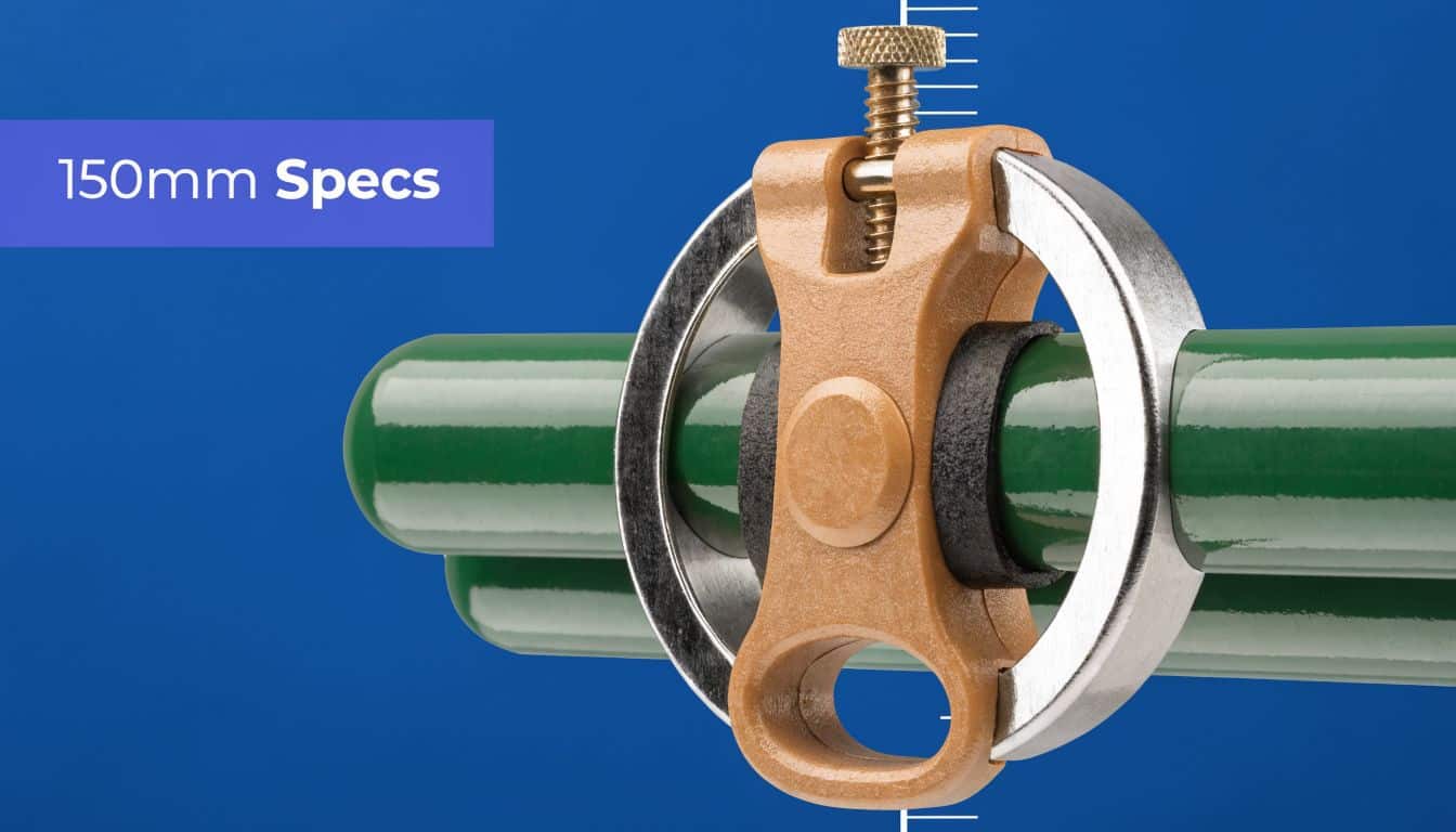 A close-up view of a metal and plastic 150mm clamp securing green poles against a blue background.