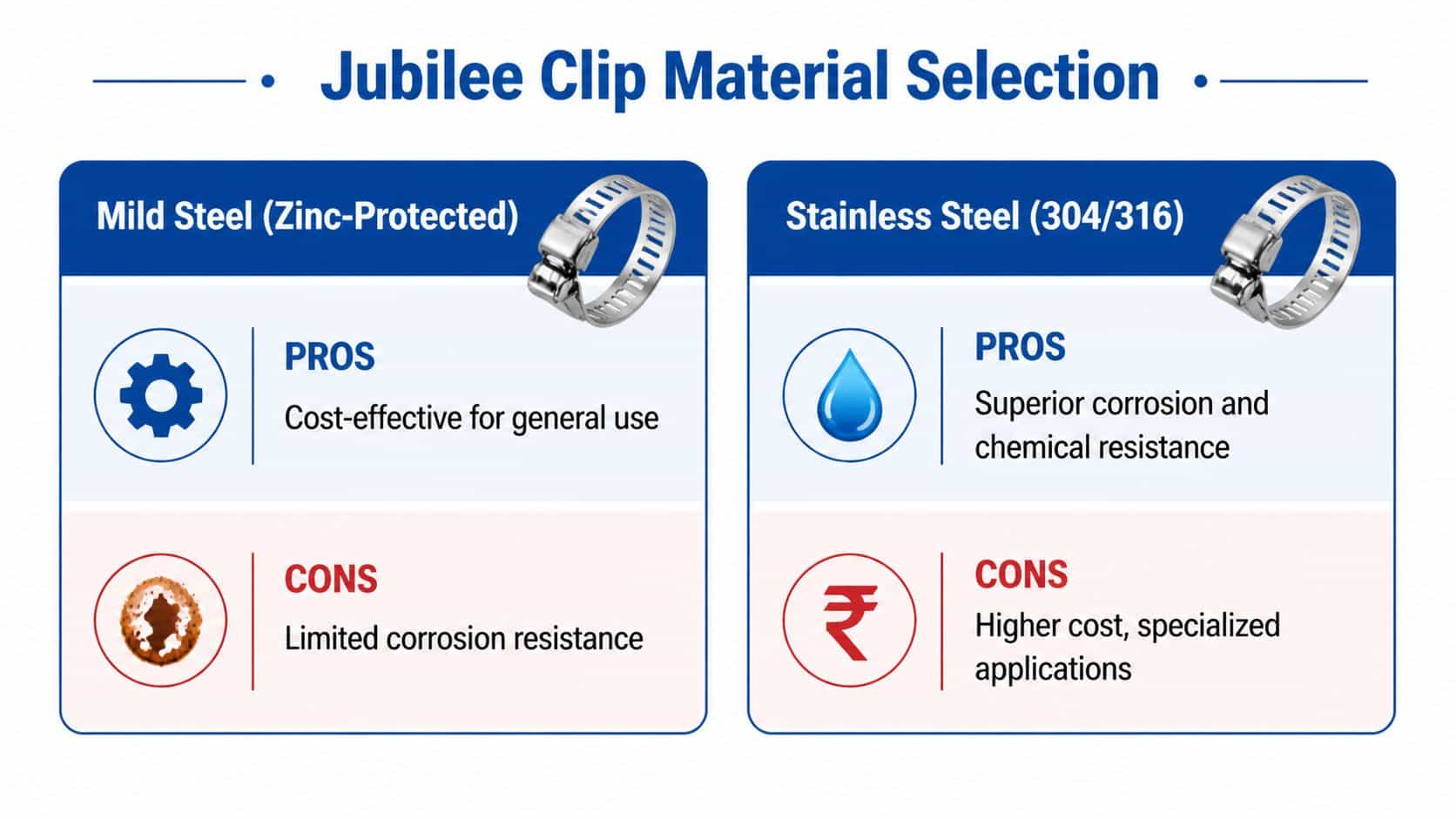 A comparison chart showing the pros and cons of mild steel and stainless steel jubilee clip materials.