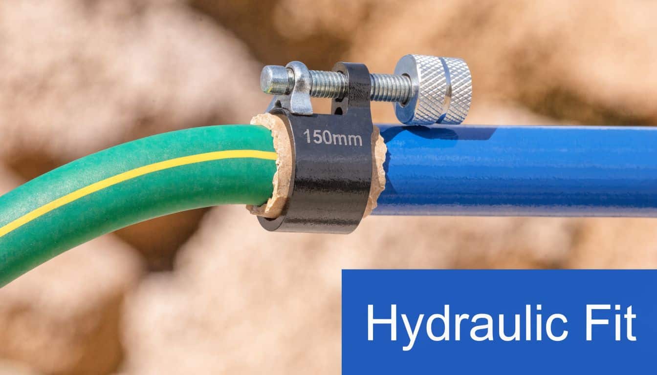 A black 150mm jubilee clip securing a green hose connection to a blue pipe outdoors.