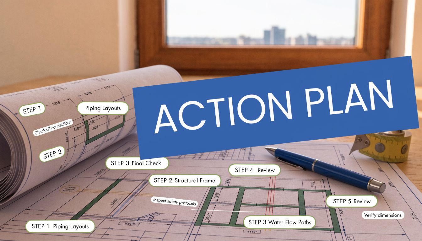 A professional construction blueprint with an action plan overlay and step-by-step notes on a desk.