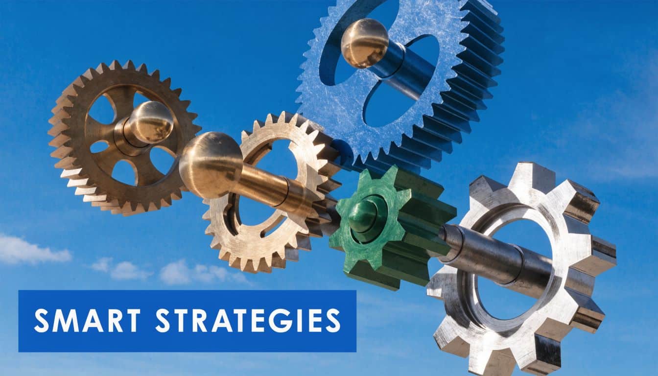 A conceptual image of interlocking colorful metal gears against a bright blue sky with text overlay.