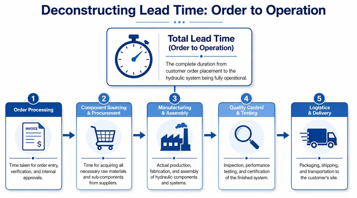 A diagram illustrating the five stages of total lead time from order placement to operational hydraulic systems.