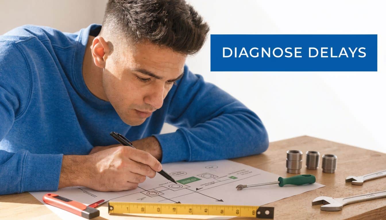 A focused man in a blue sweater analyzes a technical diagram on a desk with various tools.