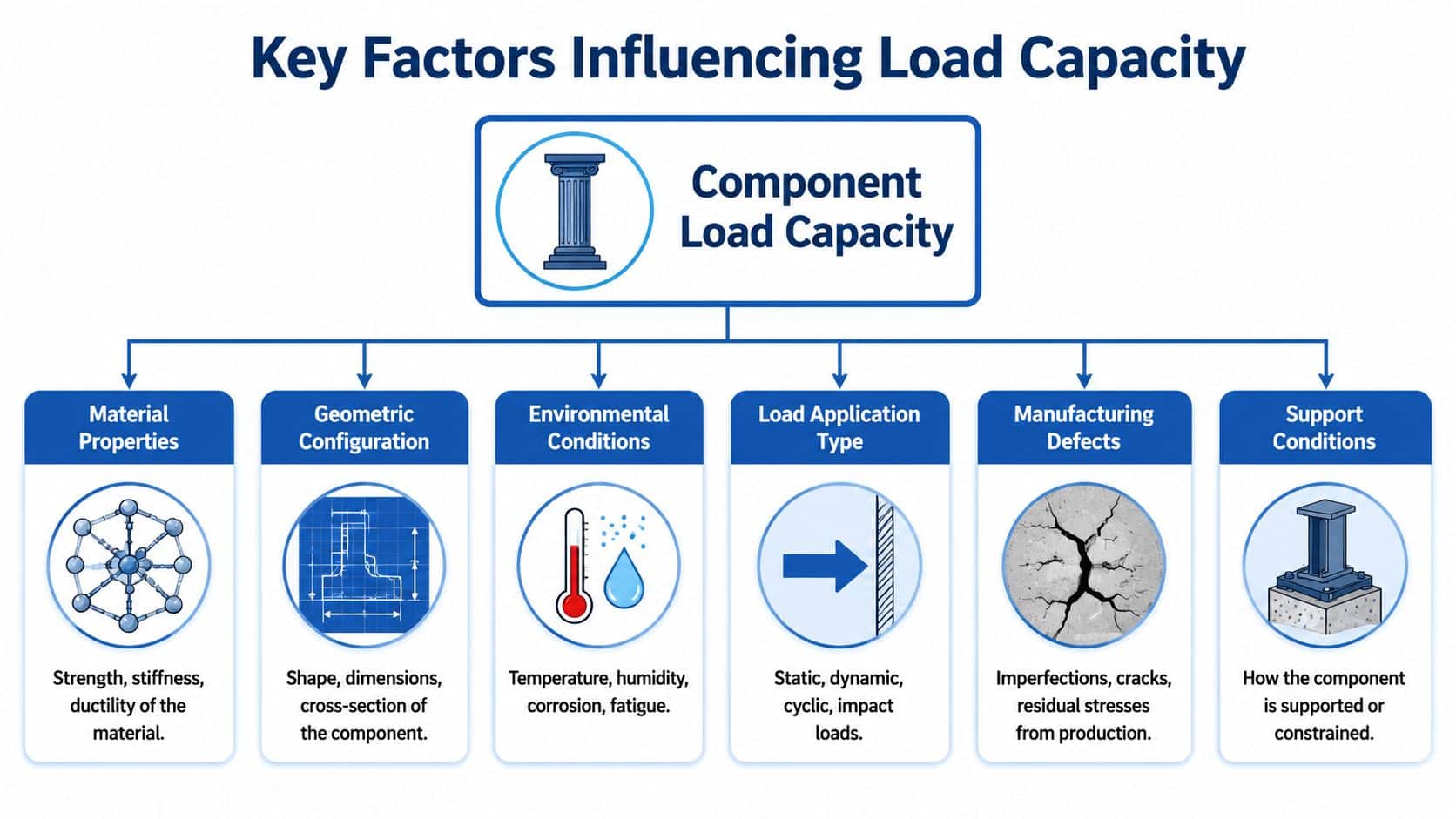A diagram outlining the six key factors influencing the load capacity of structural components.