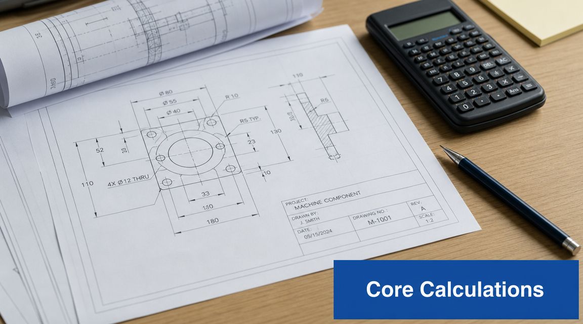 A detailed technical drawing of a machine component with measurements, a calculator, and a pen on a desk.