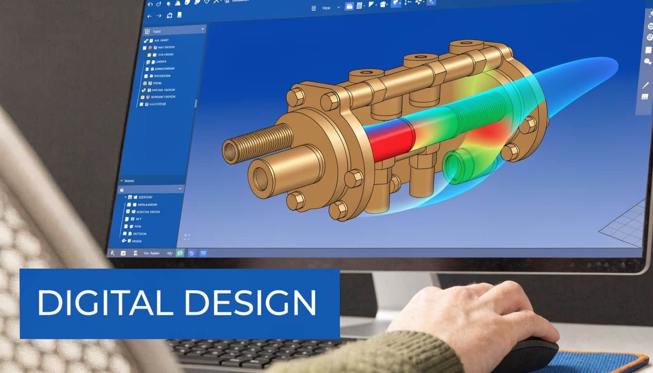 A designer works on a complex manifold block design using professional 3D CAD software on a computer.