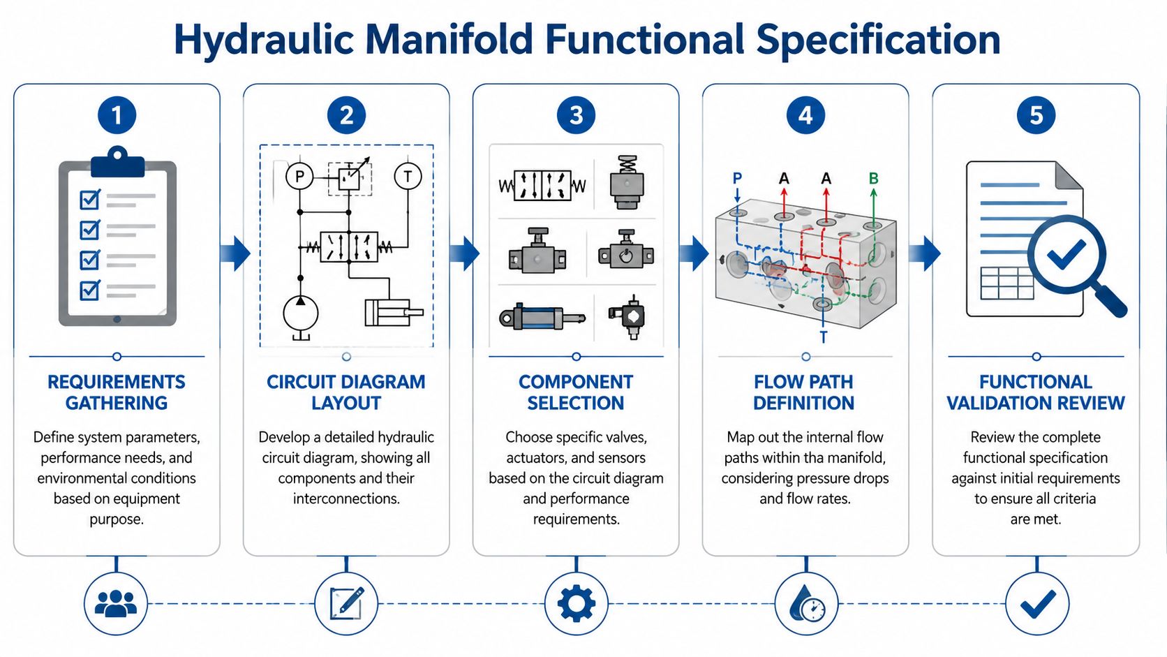 A five-step process diagram illustrating the functional specification workflow for designing a hydraulic manifold system.