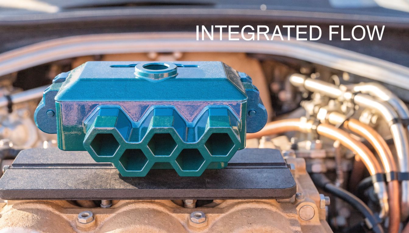 A custom engineered blue metallic manifold block with a honeycomb structure resting on a car engine.