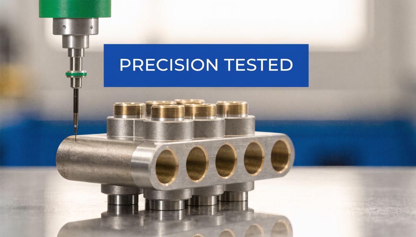 A coordinate measuring machine probe testing a precision-engineered metal manifold block on a reflective workbench.