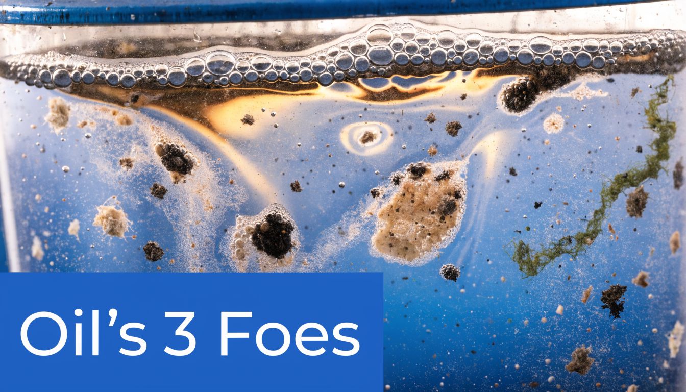 A close-up view of contaminated oil showing visible sludge, debris, and bubbles inside a clear container.