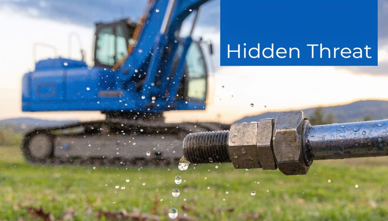 A close-up of a leaking industrial metal pipe with an excavator blurred in the background outdoors.