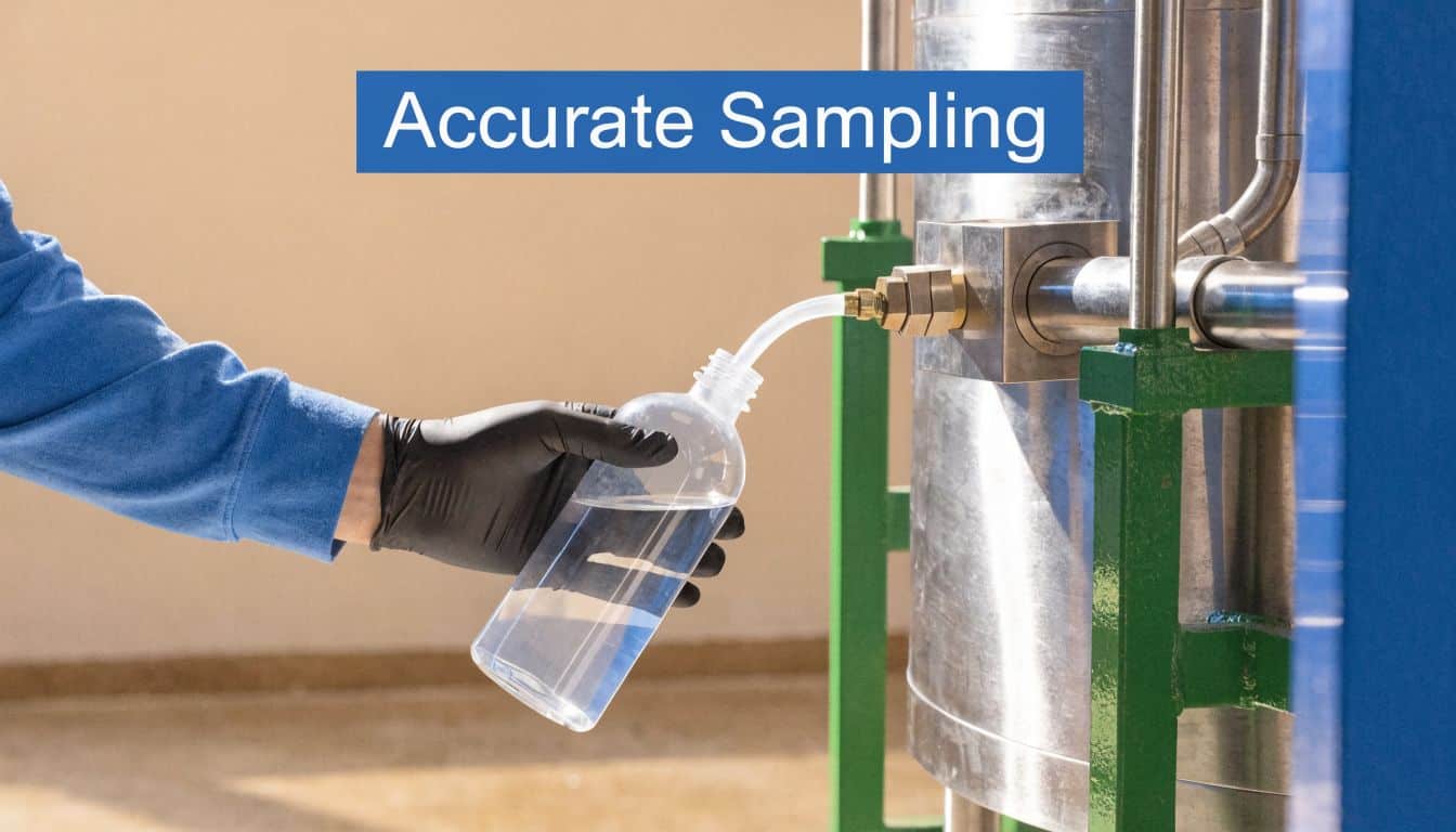A gloved hand collecting a water sample from an industrial stainless steel tank process line.