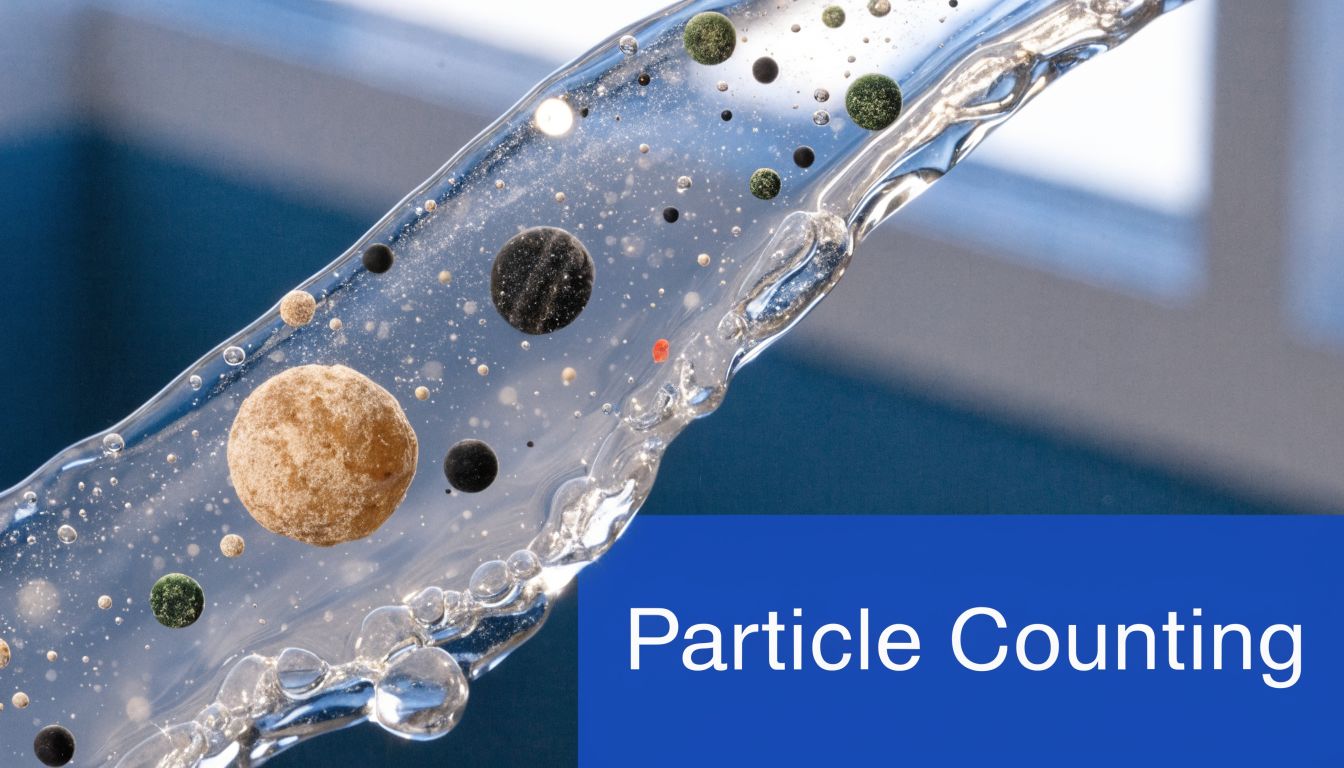A close-up view of water flowing with various distinct particles floating inside the liquid stream.