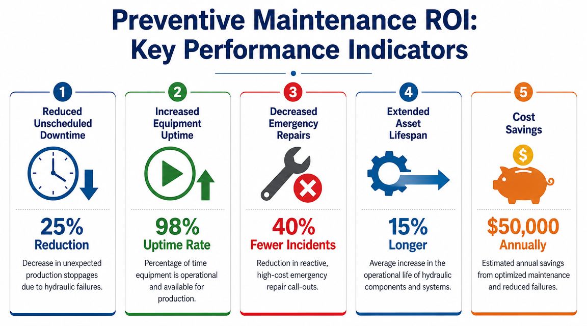 A performance infographic showing five key benefits of implementing preventive maintenance plans for industrial equipment and systems.