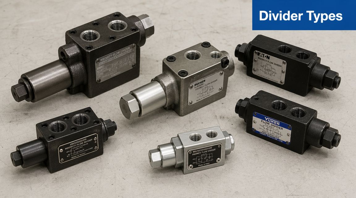 A collection of various metal priority flow divider valves arranged on a light gray surface.