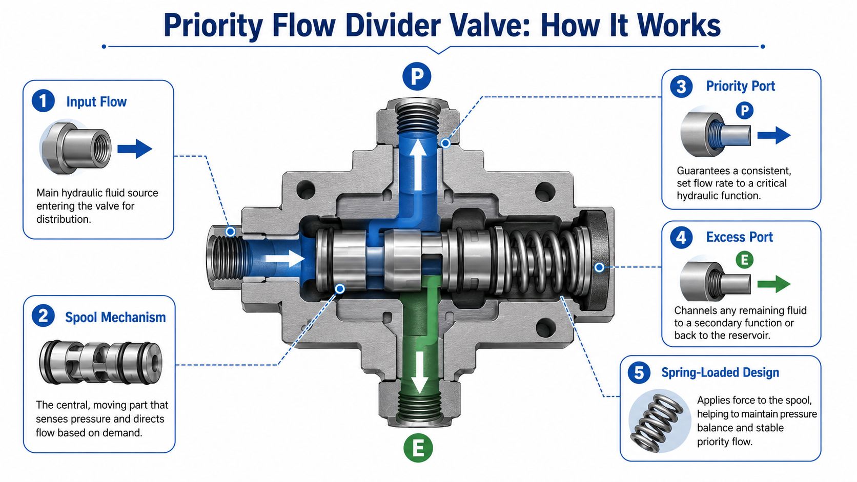 A diagram illustrating the internal components and operational mechanism of a hydraulic priority flow divider valve.