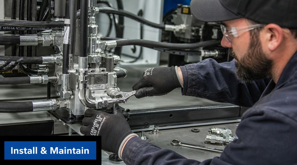 A technician wearing safety glasses and gloves uses a wrench to install a hydraulic component.