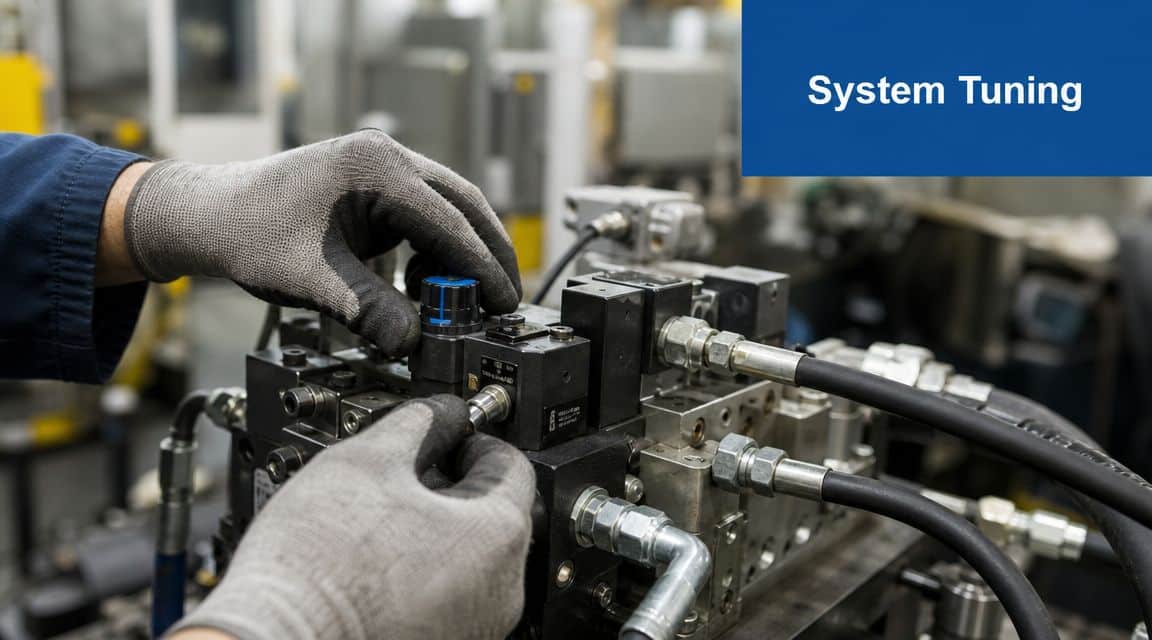 A technician wearing grey work gloves adjusts a proportional valve control component on industrial machinery.
