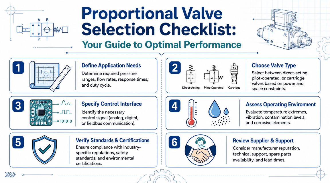 A six-step checklist for selecting proportional valves including application needs, valve types, and control interfaces.