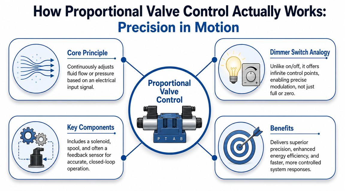 An infographic explaining how proportional valve control works, highlighting its core principles, components, and operational benefits.