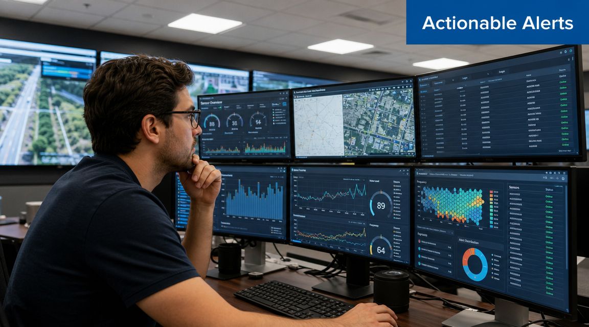 A professional technician monitors multiple screens displaying data analytics and live maps in a control room.