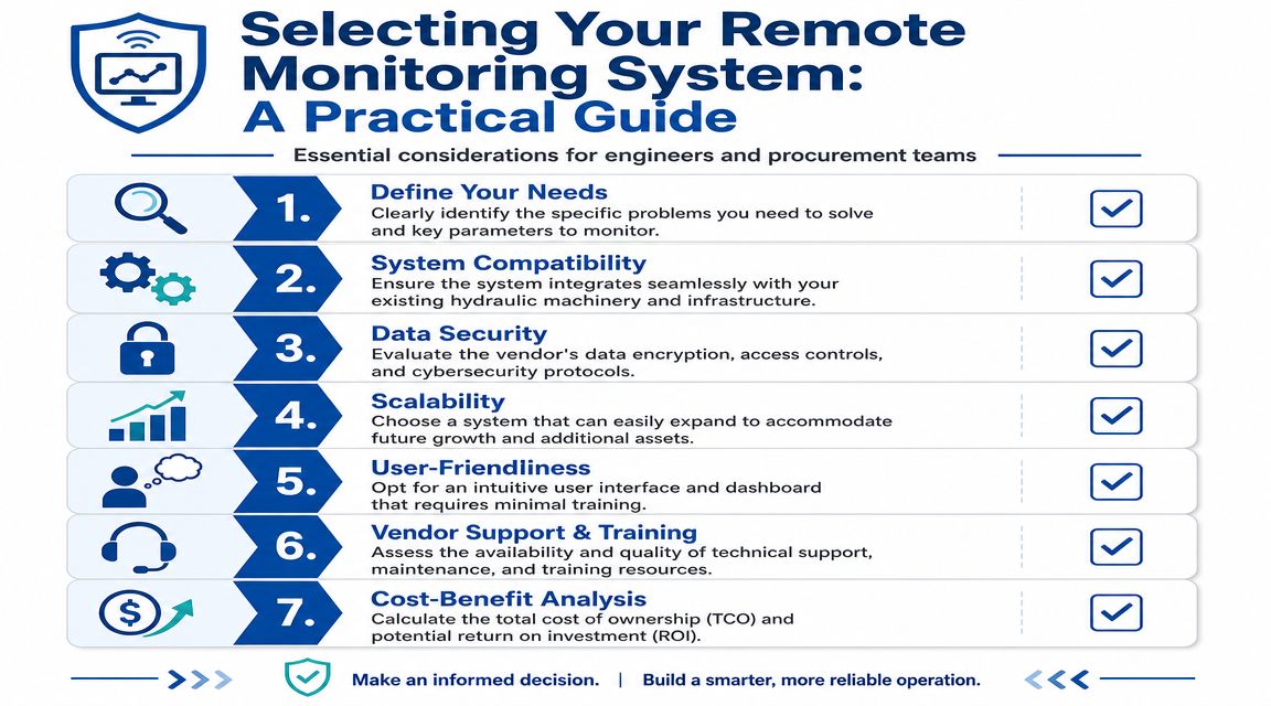 An infographic titled Selecting Your Remote Monitoring System listing seven essential considerations for procurement and engineering teams.
