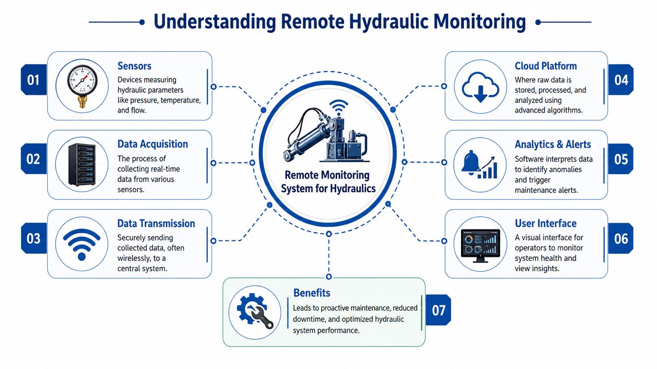 A diagram illustrating the seven stages of a remote hydraulic monitoring system and its key benefits.