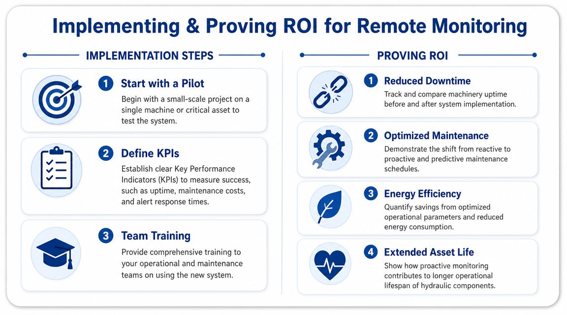 A diagram outlining the three implementation steps and four ways to prove ROI for remote monitoring systems.