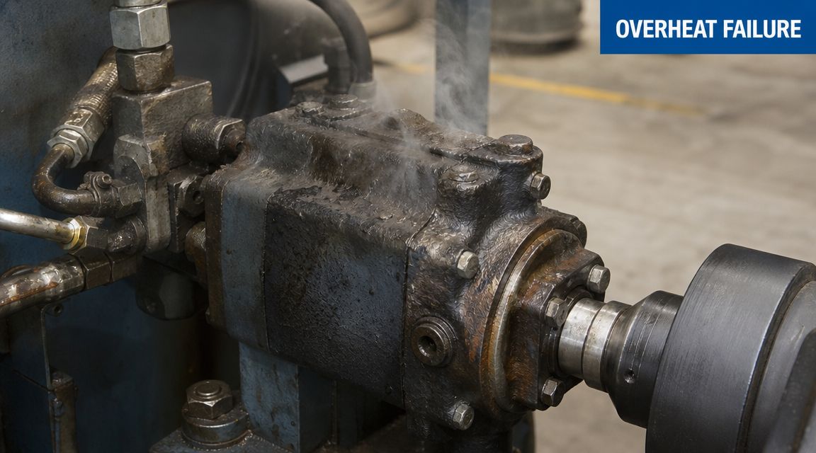A close-up view of an industrial hydraulic pump failing due to extreme overheating with visible smoke.