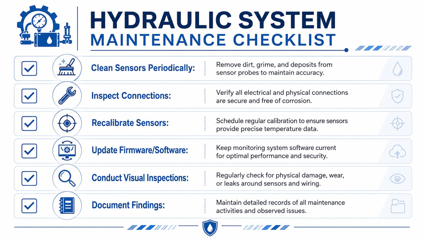A checklist infographic titled Hydraulic System Maintenance outlining six key steps for maintaining system sensors and monitoring.