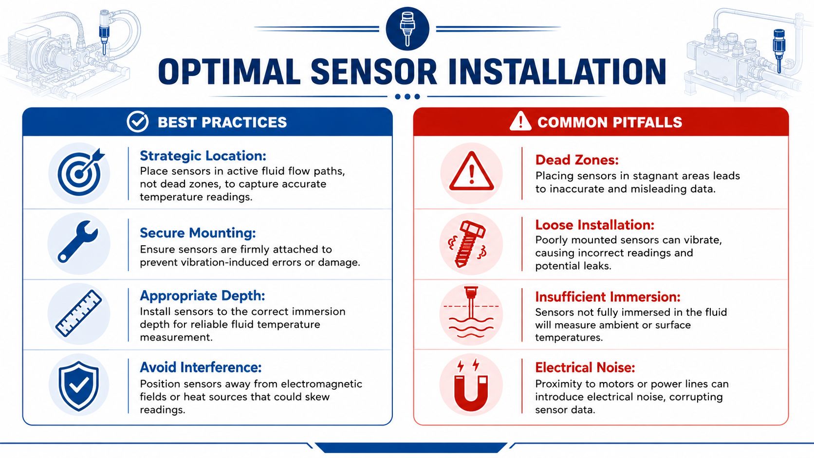 An infographic detailing best practices and common pitfalls for optimal industrial sensor installation in fluid systems.
