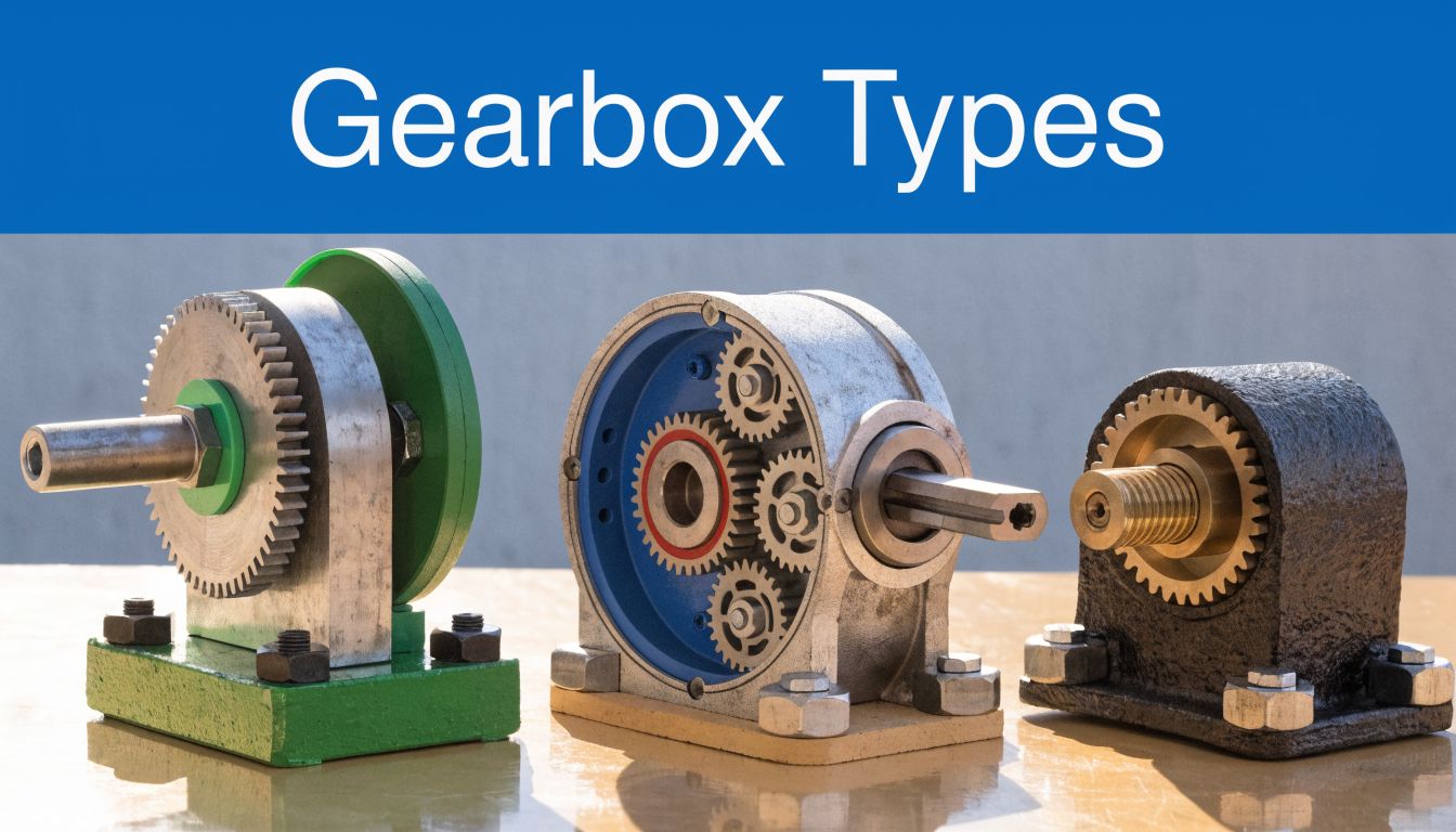 Three different types of mechanical gearboxes displayed side by side on a flat surface.