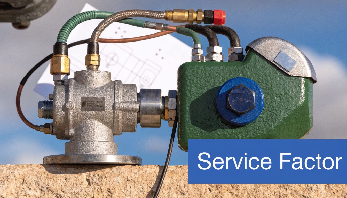 A close-up view of an industrial reduction gearbox mechanical component mounted on a stone wall exterior.